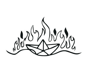 vector black illustration. paper boat on fire. sea ​​ship is on fire. icon. concept