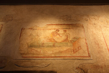 Close up of images in the Lupanar or prostitution house, Pompeii, Naples, Italy