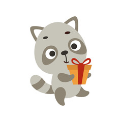 Cute little raccoon carries gift box on white background. Cartoon animal character for kids t-shirts, nursery decoration, baby shower, greeting card, house interior. Vector stock illustration