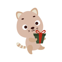 Fototapeta premium Cute little cat carries gift box on white background. Cartoon animal character for kids t-shirts, nursery decoration, baby shower, greeting card, house interior. Vector stock illustration