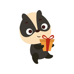 Cute little badger carries gift box on white background. Cartoon animal character for kids t-shirts, nursery decoration, baby shower, greeting card, house interior. Vector stock illustration
