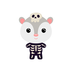 Cute little Halloween opossum in a skeleton costume. Cartoon animal character for kids t-shirts, nursery decoration, baby shower, greeting card, invitation, house interior. Vector stock illustration
