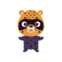 Cute little cheetah in a Halloween costume. Cartoon animal character for kids t-shirts, nursery decoration, baby shower, greeting card, invitation, house interior. Vector stock illustration