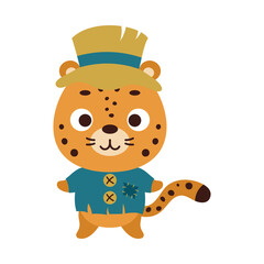 Cute little Halloween cheetah in a scarecrow costume. Cartoon animal character for kids t-shirts, nursery decoration, baby shower, greeting card, invitation, house interior. Vector stock illustration