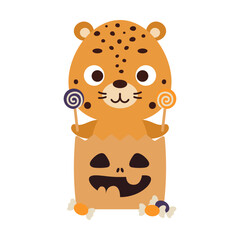 Cute Halloween cheetah sitting in a trick or treat bag with candies. Cartoon animal character for kids t-shirts, nursery decoration, baby shower, greeting card, invitation. Vector stock illustration