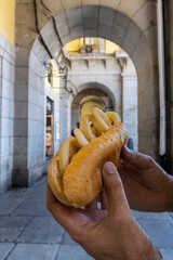Typical squid sandwich from the Plaza Mayor in Madrid, Spain