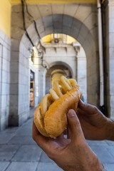 Typical squid sandwich from the Plaza Mayor in Madrid, Spain