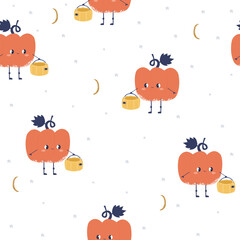 Fototapeta premium Halloween seamless pattern with funny pumpkin. Holiday childish print. Vector hand drawn illustration.