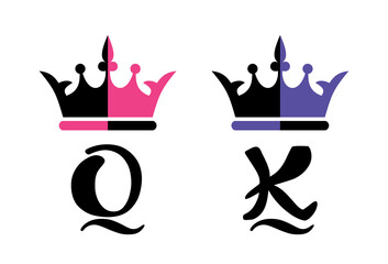 Set of crowns.King Queen crown black pink violet calligraphy sign.K,Q Alphabet Letter.Tiara diadem silhouette icon drawing.Tattoo couple design.Male female t shirt print. Cricut plotter laser cutting.