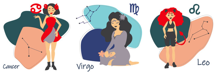 Set of zodiac signs. Constellations girls