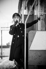 Cosplay for Halloween. Gothic military style, vintage beautiful woman