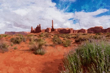 Papier Peint photo Brique Digitally created watercolor painting of a tranquil southwest scene with large stone formations in Monument Valley