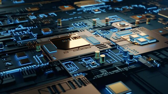 High tech integrated circuit board with processor close up. Electronic CPU chip component on printed pcb. Concept of computer hardware and digital computing of big data. Futuristic Sci-fi background