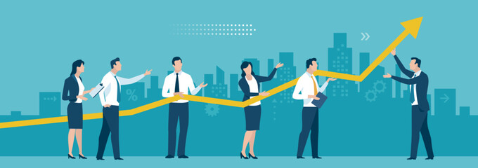 Together for success. A group of business people lifting a business curve. Business vector illustration.
