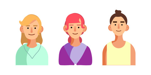 Vector illustration of Three people. Three girls, with yellow hair in a salad sundress, the second with pink informal hair in a purple suit, the third with a bun in a light yellow dress. Drawn style