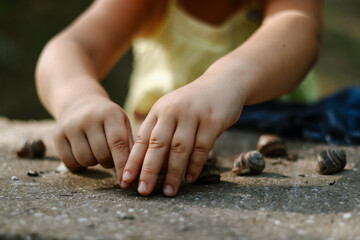 Moments of childhood. The child holds snails in his hands. Copy space. Children's outdoor games.