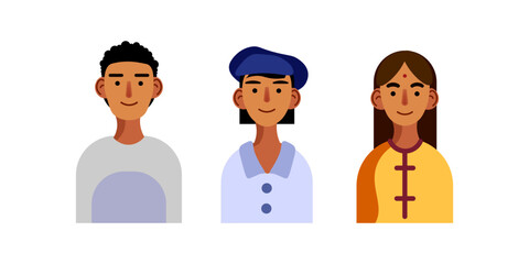 Vector illustration of Three people. A dark-skinned guy with curly hair, a girl in a blue artist's hat, a Hindu girl with a red dot on her forehead. Drawn style. For business and advertising.