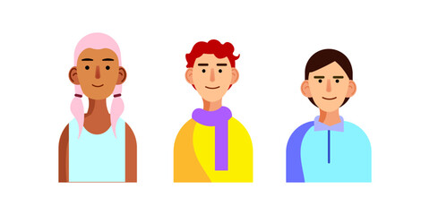 Vector illustration of Three people. A swarthy girl with pink pigtails in a T-shirt, a man with orange curls in a scarf and a yellow jacket, a guy with a haircut like a tie. Drawn style