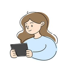 Vector illustration of a girl with lush brown hair in a blue sweater plays games on a tablet. Holds a photograph. Drawing on a tablet. Flat style. People concept.