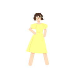 Vector illustration of girl in a yellow dress. A girl with a caret winks with her hand in her bokeh. Clothes, ball gown, fashion, style. Futurism concept. Vector illustration for Business