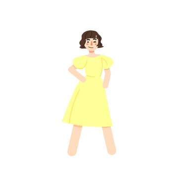 Vector illustration of girl in a yellow dress. A girl with a caret winks with her hand in her bokeh. Clothes, ball gown, fashion, style. Futurism concept. Vector illustration for Business