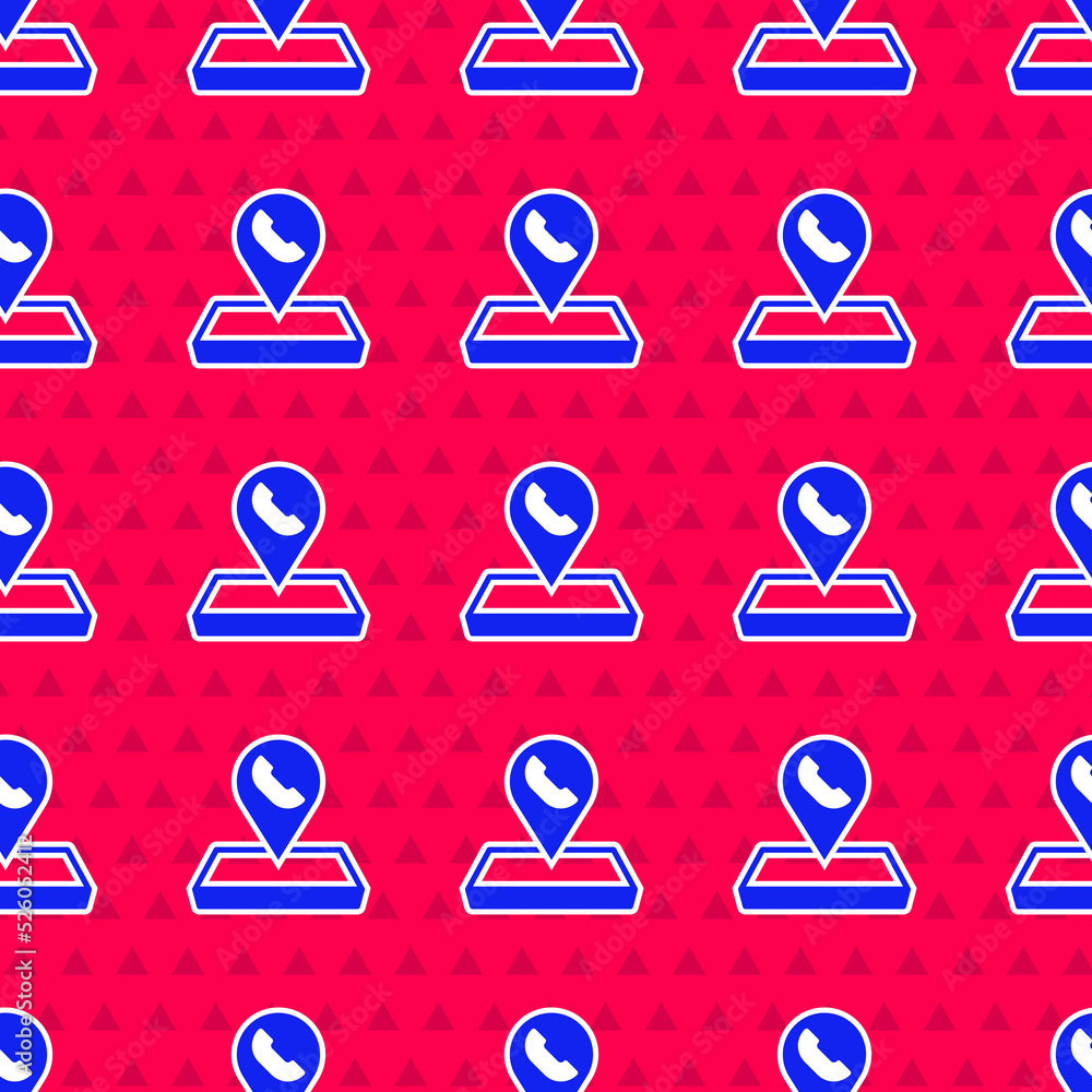 Poster blue map pointer with telephone or communication icon isolated seamless pattern on red background. c