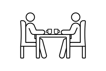 Vector illustration of couple at the table. Man and woman on a date, acquaintance, flowers, business meeting, dinner, dating site, anniversary. Vector line icon for Business and Advertising
