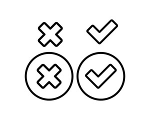 Ticks and crosses set icon. Checkmark, reject, rejection, confirm, confirmation, answer option, accept, decline, test, agreement. Button concept. Vector line icon for Business and Advertising