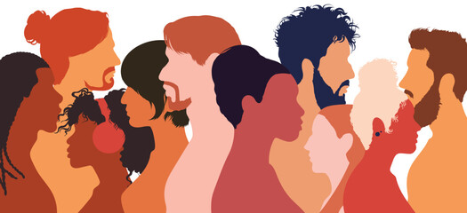 Multiethnic society and friendship. Community. Racism and diversity in society. Flat cartoon illustration depicting men and women of different cultures.