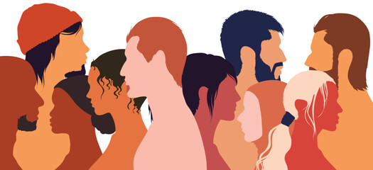 Group of diverse people. Multiethnic women, girls, and men. Racial equality and diversity. Flat cartoon vector illustration.