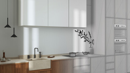 Architect interior designer concept: hand-drawn draft unfinished project that becomes real, japandi trendy wooden kitchen. Wooden cabinets and marble top. Wabi sabi