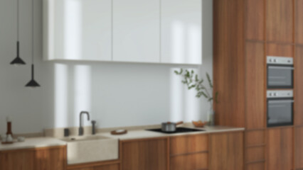 Blurred background, japandi trendy wooden kitchen. Wooden cabinets, contemporary wallpaper and marble top. Wabi sabi interior design