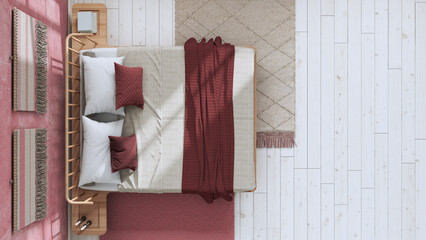 Japandi bedroom in white and red tones with macrame wall art and wallpaper. Wooden furniture, carpets and double bed. Top view, plan, above. Boho interior design