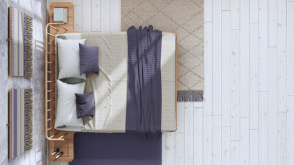 Japandi bedroom in white and purple tones with macrame wall art and wallpaper. Wooden furniture, carpets and double bed. Top view, plan, above. Boho interior design