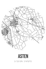 Abstract street map of Asten located in Noord-Brabant municipality of Asten. City map with lines