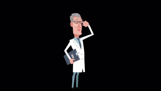 Cartoon male elderly gray-haired doctor character shoots finger gun at head gesture animation with alpha channel