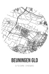 Abstract street map of Beuningen Gld located in Gelderland municipality of Beuningen. City map with lines