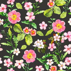 Pastel pink flowers seamless pattern. Floral natural blooming botanical design on black background. Watercolor decor - plants blossom, meadow plants
