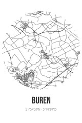 Abstract street map of Buren located in Gelderland municipality of Buren. City map with lines