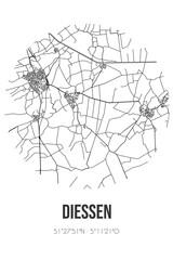 Abstract street map of Diessen located in Noord-Brabant municipality of Hilvarenbeek. City map with lines