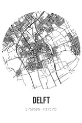 Abstract street map of Delft located in Zuid-Holland municipality of Delft. City map with lines
