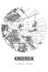 Abstract street map of Kinderdijk located in Zuid-Holland municipality of Molenlanden. City map with lines