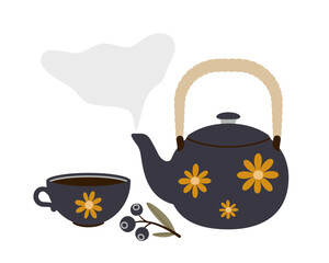 Teapot with steam, cup and branch with berries.