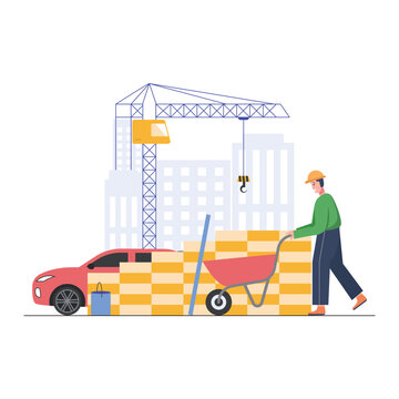 Construction worker pushing sand trolley illustration