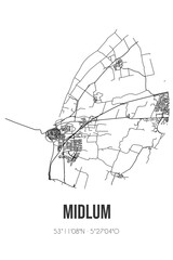 Abstract street map of Midlum located in Fryslan municipality of Harlingen. City map with lines