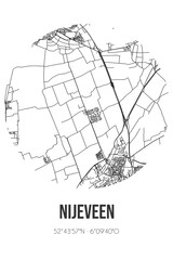 Abstract street map of Nijeveen located in Drenthe municipality of Meppel. City map with lines