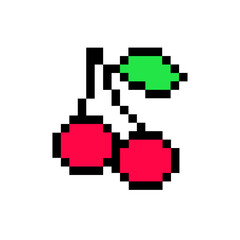 Pixel cherry icon game vector fruit. 8 bit pixel red cherry vector