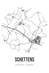 Abstract street map of Schettens located in Fryslan municipality of Sudwest-Fryslan. City map with lines