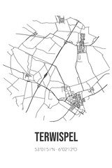 Abstract street map of Terwispel located in Fryslan municipality of Opsterland. City map with lines