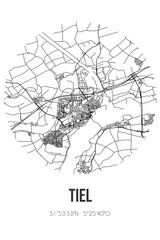 Abstract street map of Tiel located in Gelderland municipality of Tiel. City map with lines